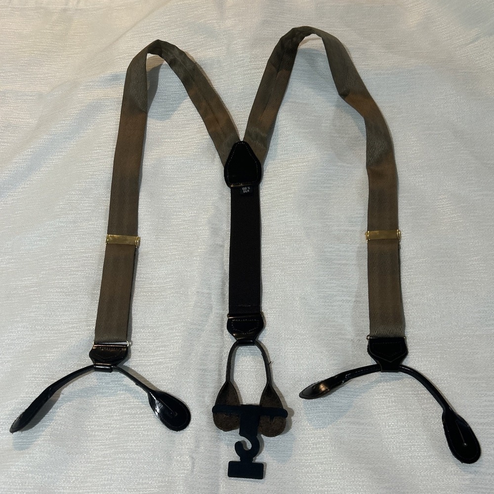 Vintage Made in England Silk Braces Button-On‎ Suspenders Leather Tabs Tan Brown